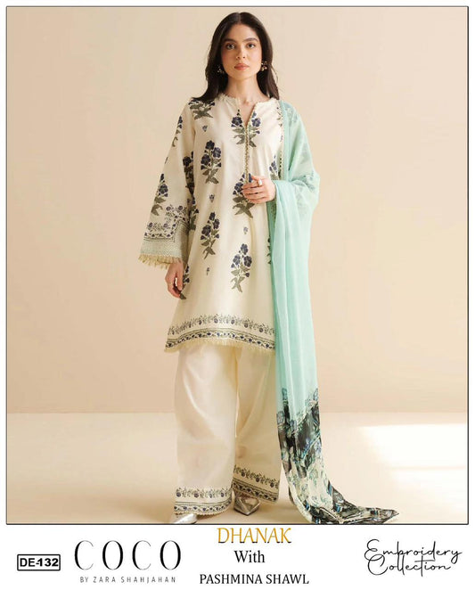 EMB 3PC Unstitched Winter Dress With Pashmina Printed Shawl- DE-132