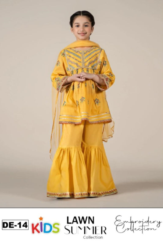 Kids 3PC Embroidered Summer Dress With Net Dupatta - Unstitched - DE-14