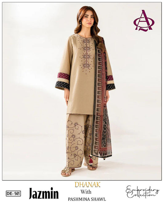 EMB 3PC Unstitched Winter Dress With Pashmina Printed Shawl- DE-141