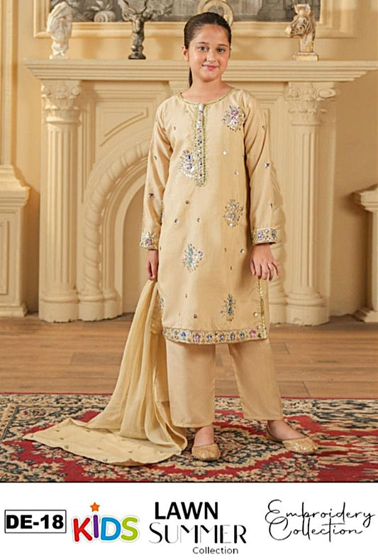 Kids 3PC Embroidered Summer Dress With Net Dupatta - Unstitched - DE-18