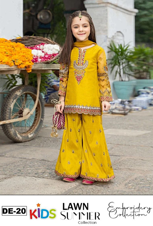 Kids 3PC Embroidered Summer Dress With Net Dupatta - Unstitched - DE-20