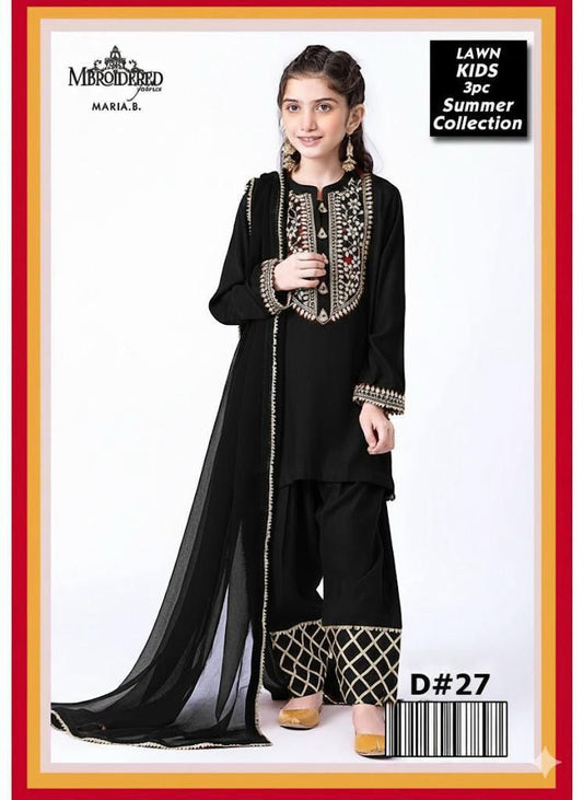 Kids 3PC Embroidered Summer Dress With Net Dupatta - Unstitched - DE-27B