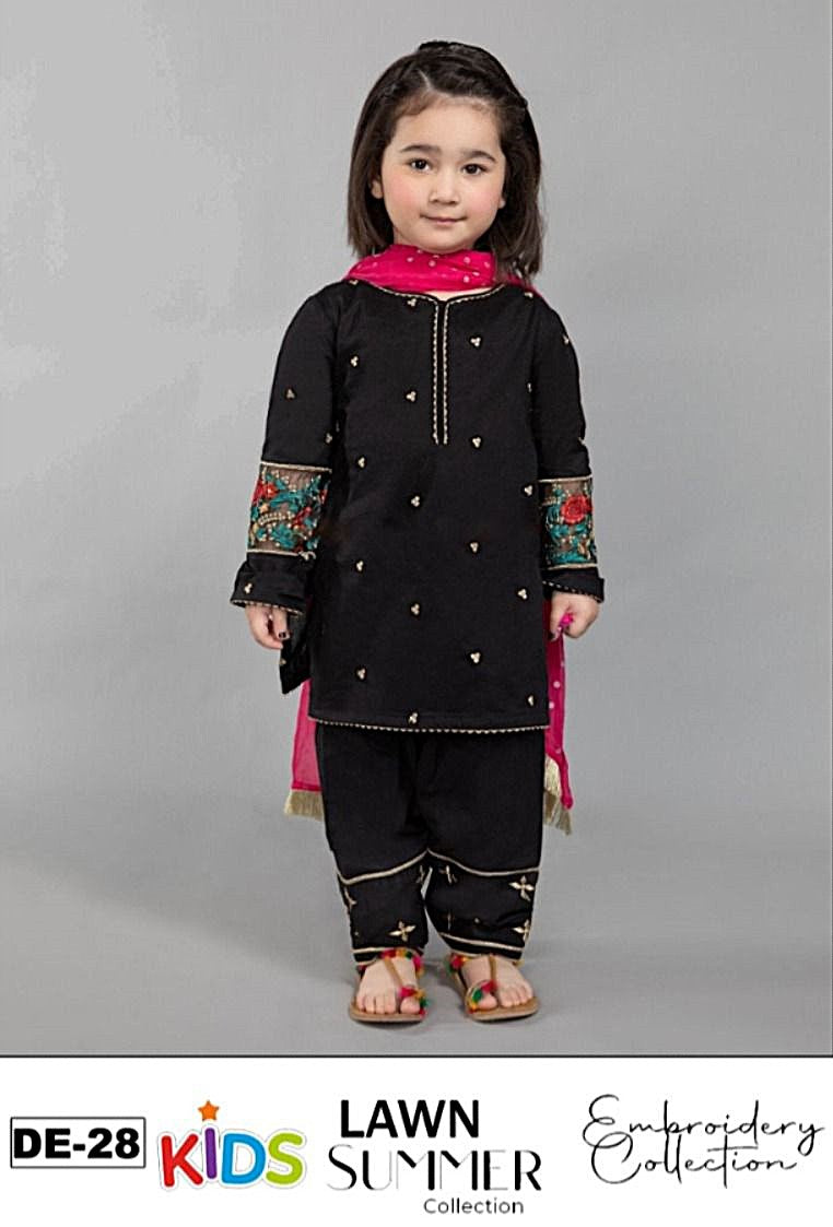 Kids 3PC Embroidered Summer Dress With Net Dupatta - Unstitched - DE-28