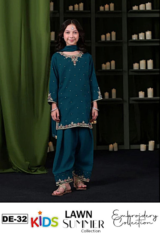 Kids 3PC Embroidered Summer Dress With Net Dupatta - Unstitched - DE-32