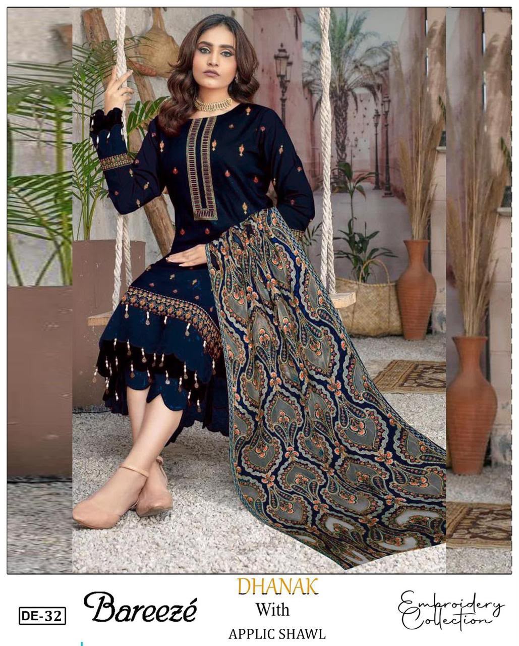 3-Piece Bareeza Premium Embroidered Dhanak Suit DE-32BL