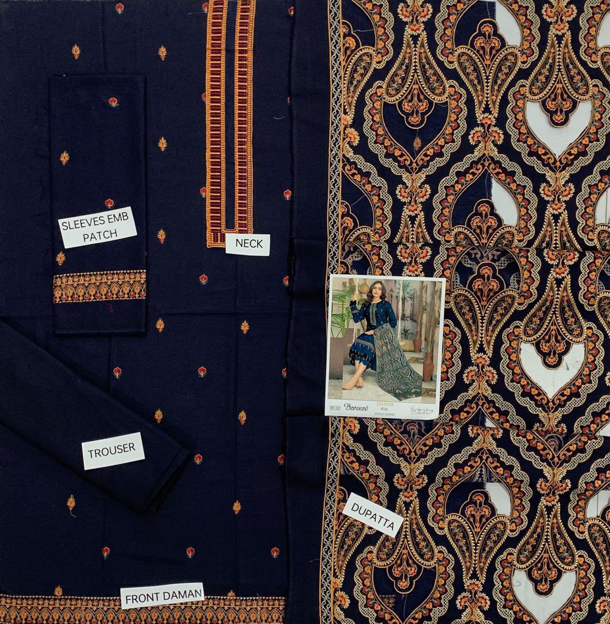 3-Piece Bareeza Premium Embroidered Dhanak Suit DE-32BL