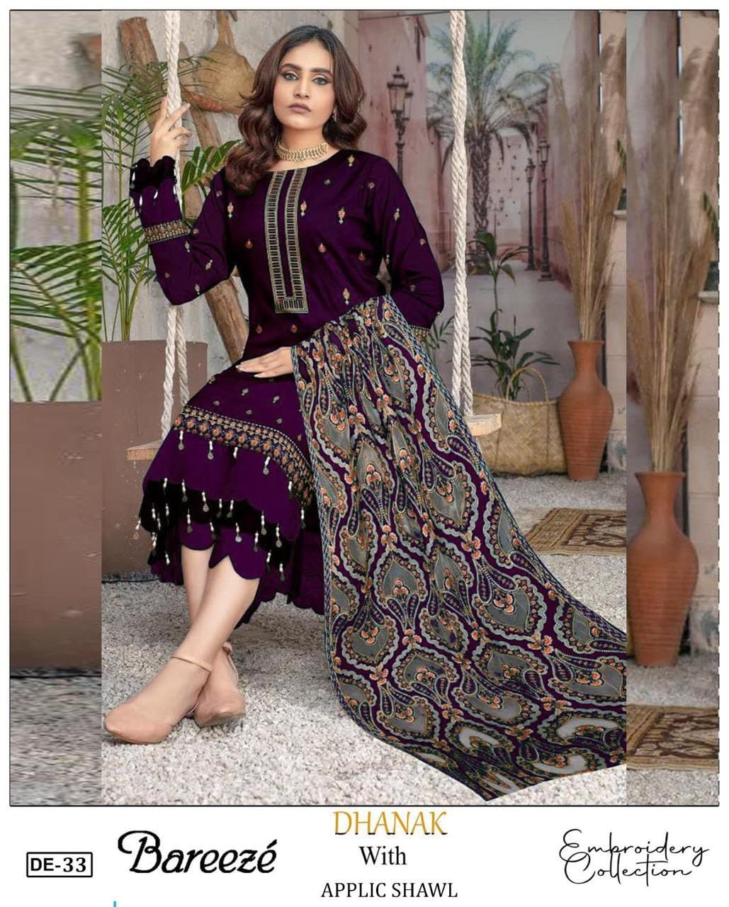 3-Piece Bareeza Premium Embroidered Dhanak Suit DE-33PR