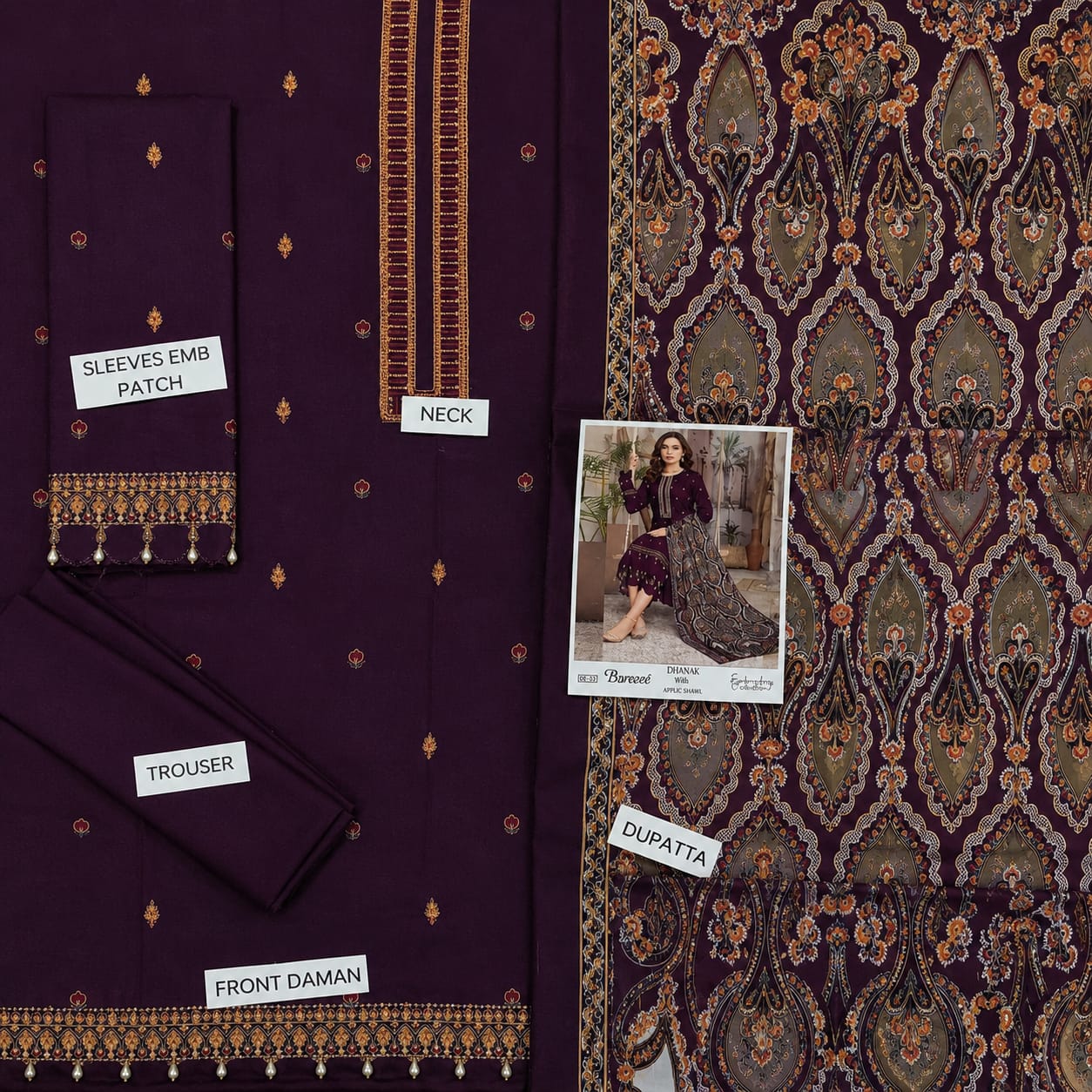 3-Piece Bareeza Premium Embroidered Dhanak Suit DE-33PR