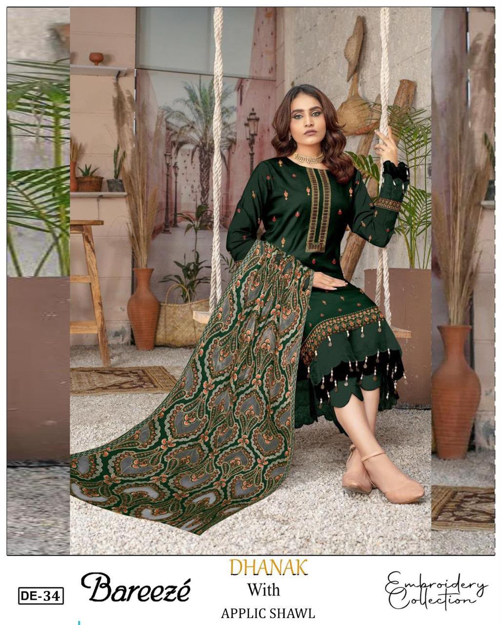 3-Piece Bareeza Premium Embroidered Dhanak Suit DE-34HG