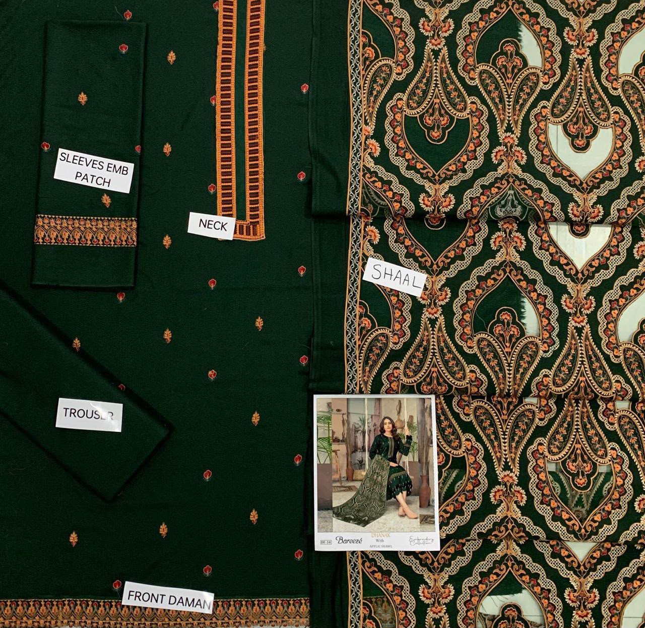 3-Piece Bareeza Premium Embroidered Dhanak Suit DE-34HG