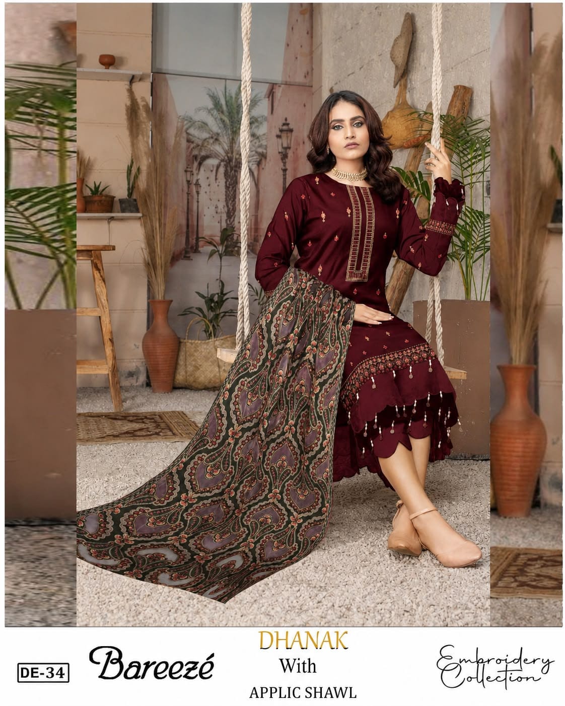3-Piece Bareeza Premium Embroidered Dhanak Suit DE-34HM