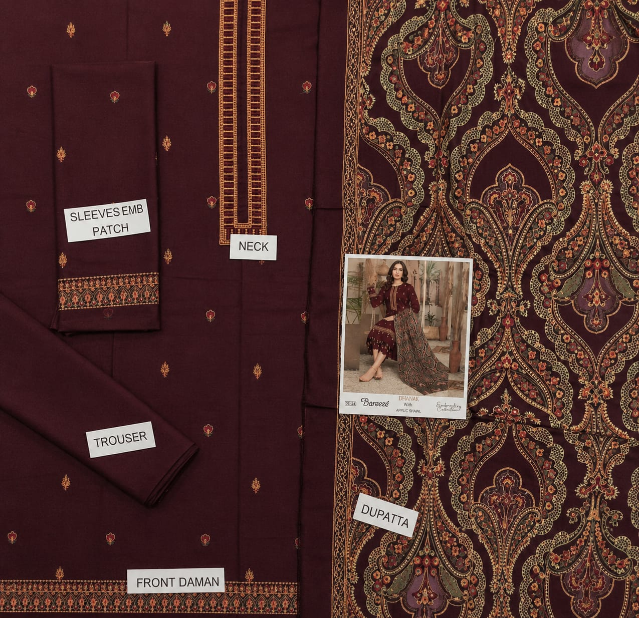 3-Piece Bareeza Premium Embroidered Dhanak Suit DE-34HM