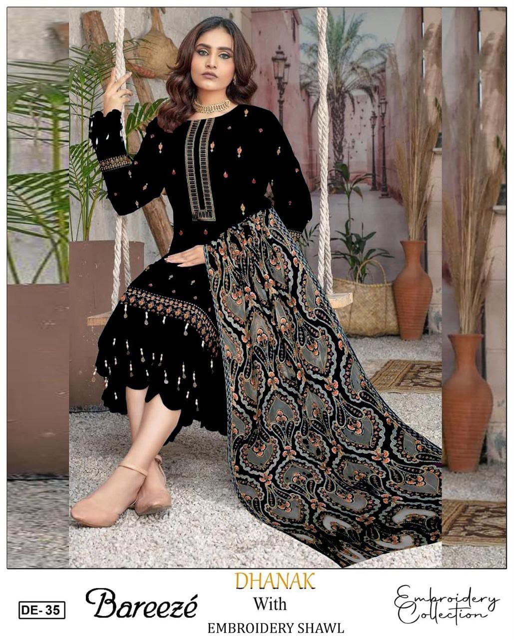 3-Piece Bareeza Premium Embroidered Dhanak Suit DE-35BK