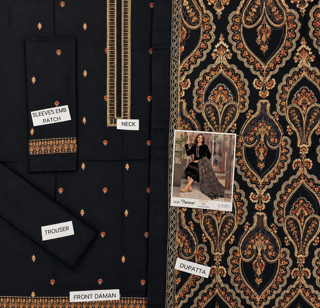 3-Piece Bareeza Premium Embroidered Dhanak Suit DE-35BK