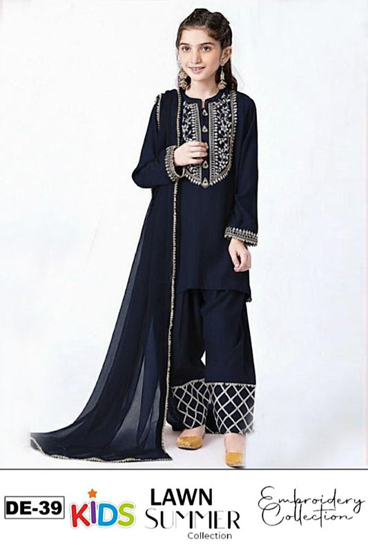 Kids 3PC Embroidered Summer Dress With Net Dupatta - Unstitched - DE-39