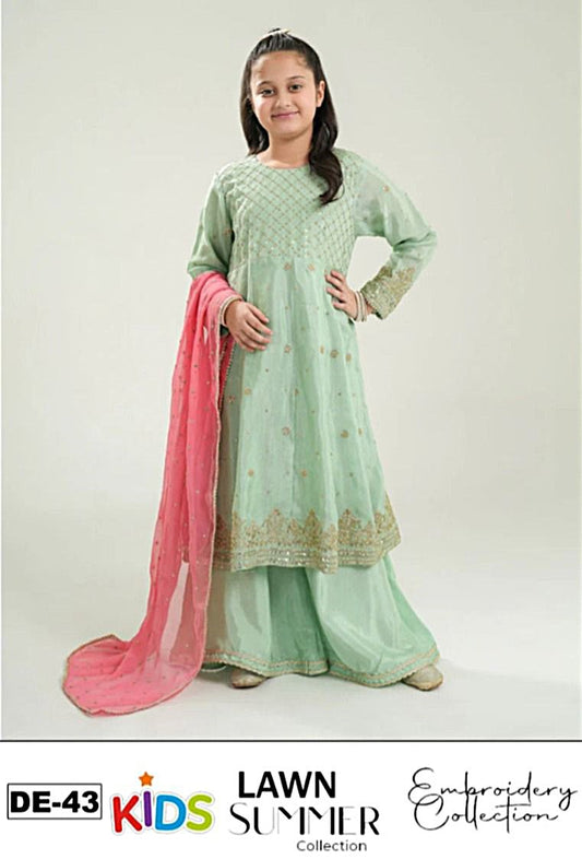 Kids 3PC Embroidered Summer Dress With Net Dupatta - Unstitched - DE-43