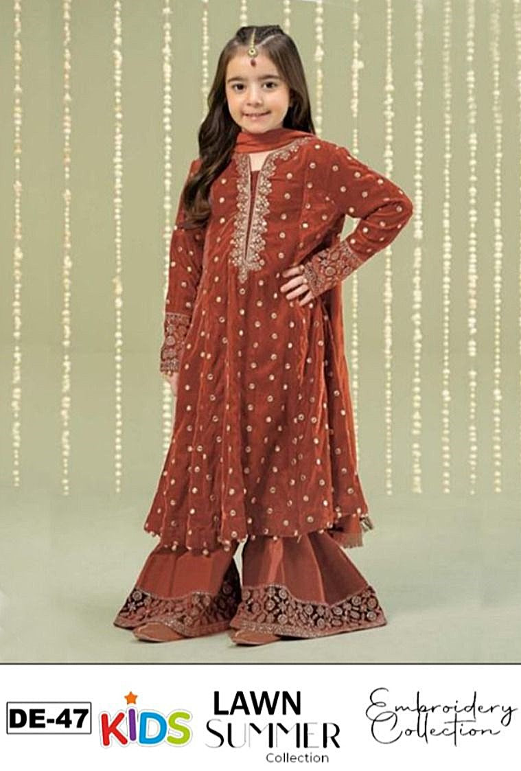 Kids 3PC Embroidered Summer Dress With Net Dupatta - Unstitched - DE-47