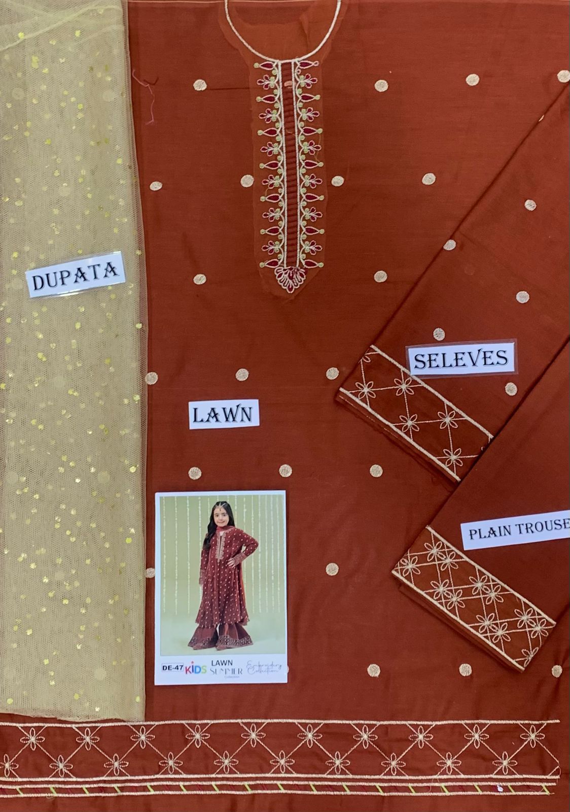 Kids 3PC Embroidered Summer Dress With Net Dupatta - Unstitched - DE-47