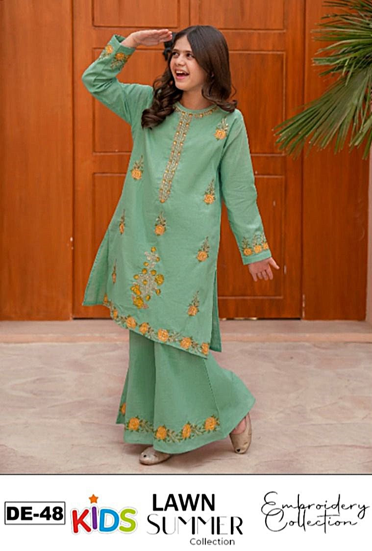 Kids 3PC Embroidered Summer Dress With Net Dupatta - Unstitched - DE-48