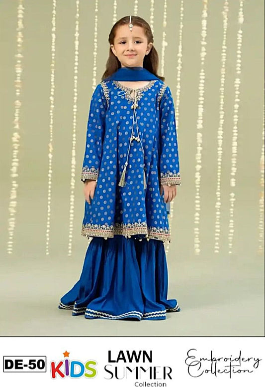 Kids 3PC Embroidered Summer Dress With Net Dupatta - Unstitched - DE-50