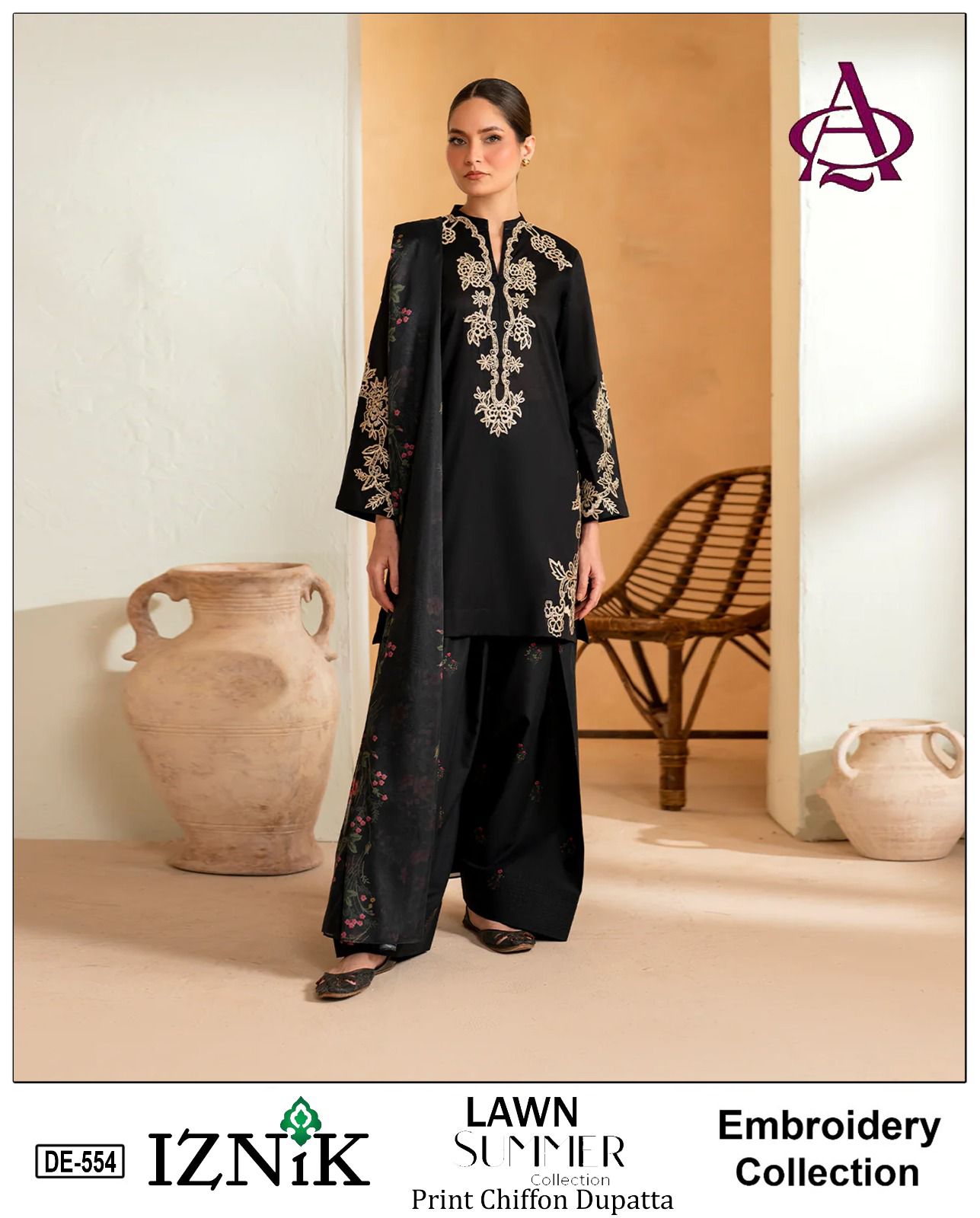 3 Piece - Embroidered Lawn Suit With Printed Chiffon Dupatta DE-554