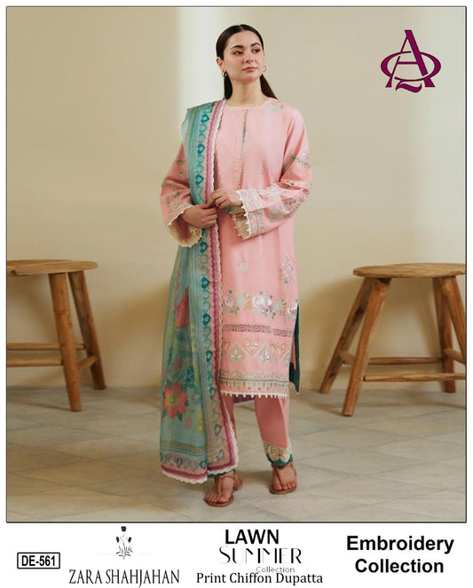 3 Piece - Embroidered Lawn Boring Suit With Printed Chiffon Dupatta DE-561