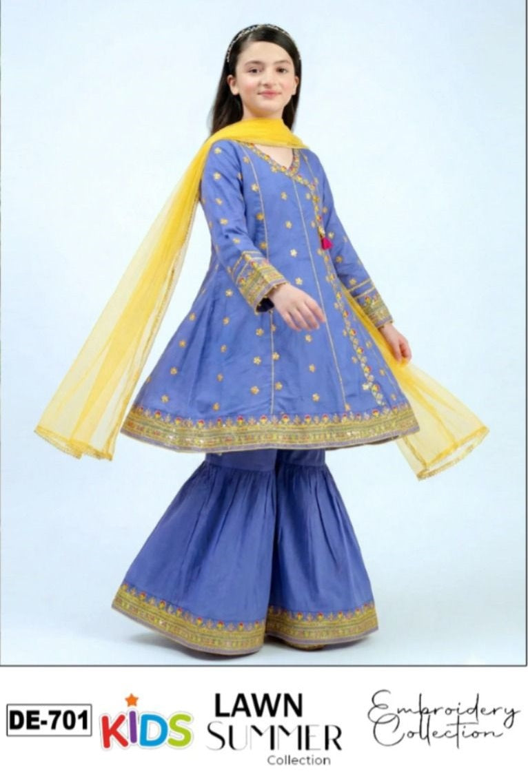 Kids 3PC Embroidered Summer Dress With Net Dupatta - Unstitched - DE-701