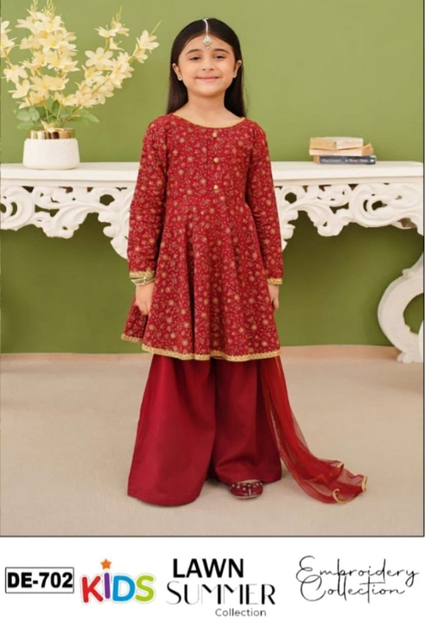 Kids 3PC Embroidered Summer Dress With Net Dupatta - Unstitched - DE-702