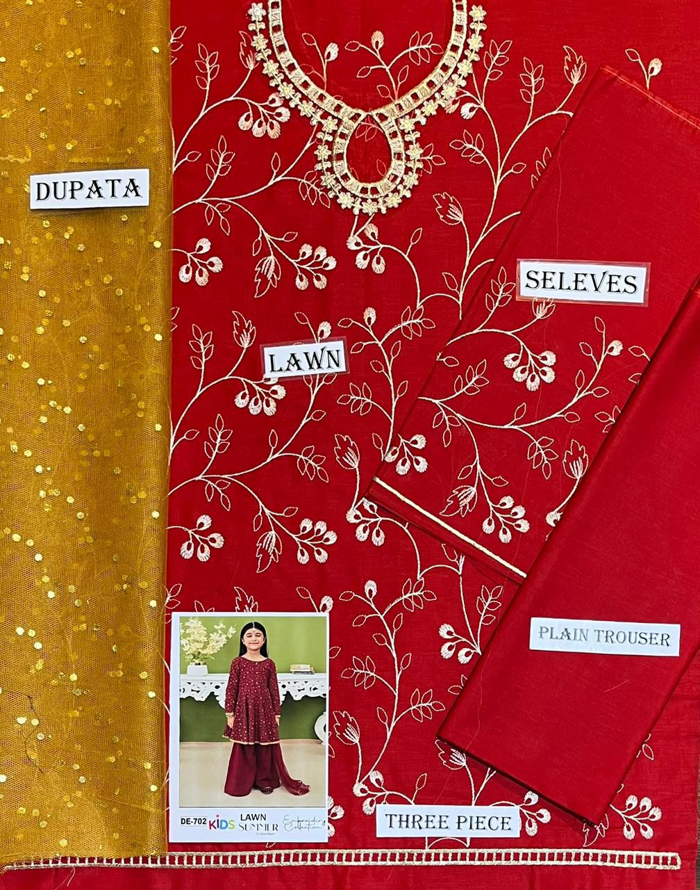 Kids 3PC Embroidered Summer Dress With Net Dupatta - Unstitched - DE-702