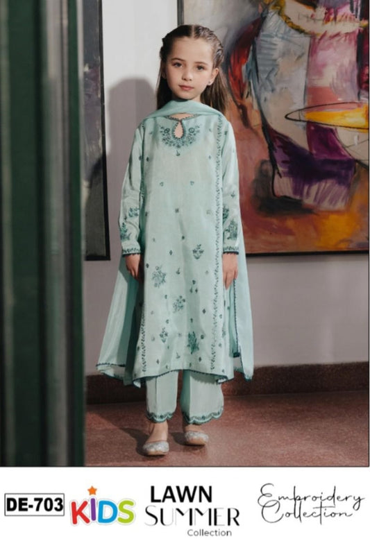 Kids 3PC Embroidered Summer Dress With Net Dupatta - Unstitched - DE-703