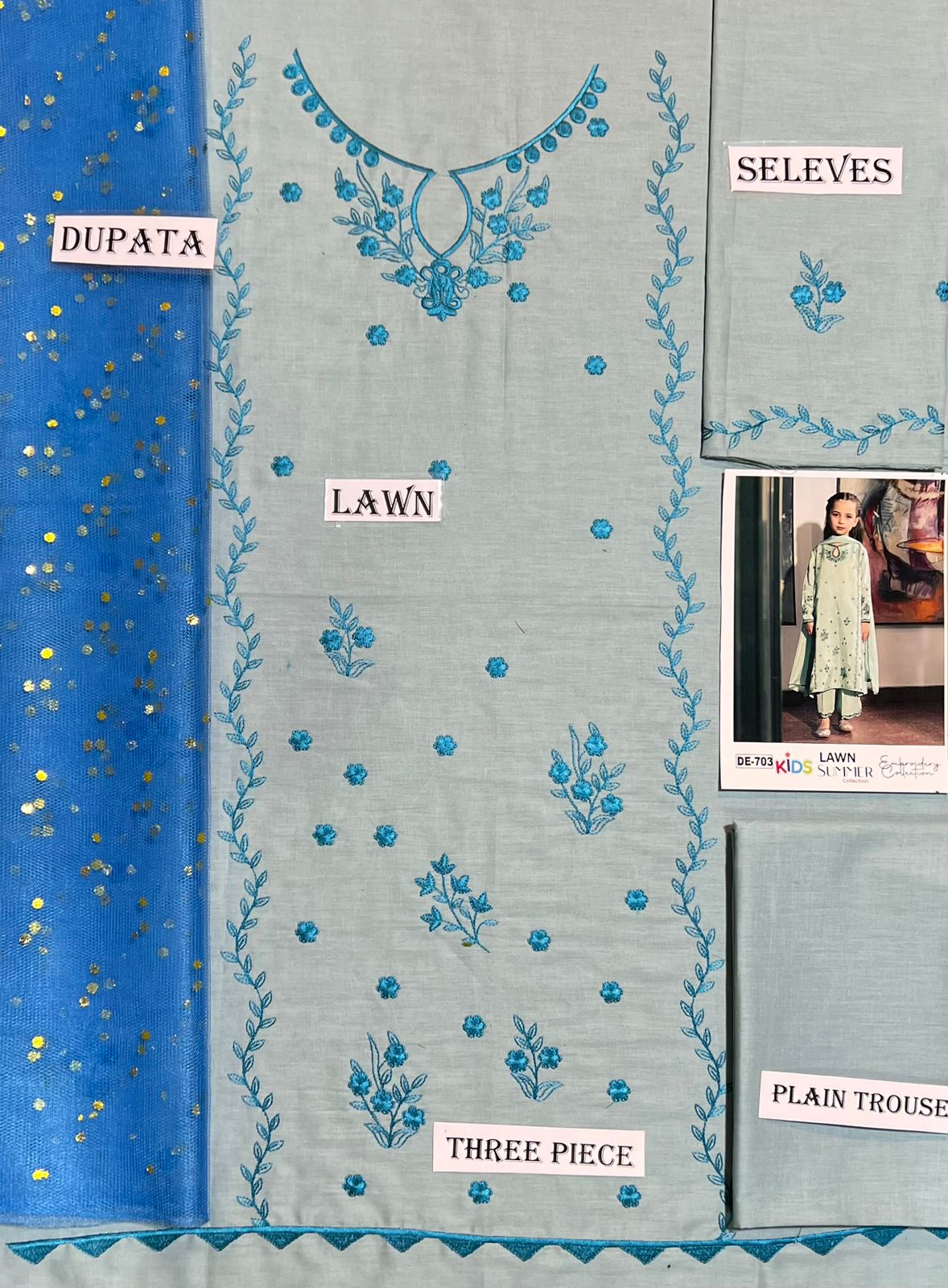 Kids 3PC Embroidered Summer Dress With Net Dupatta - Unstitched - DE-703