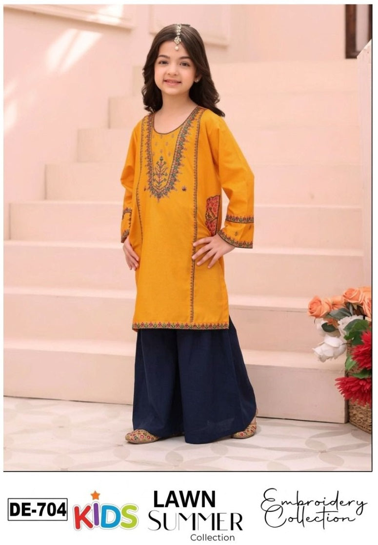 Kids 3PC Embroidered Summer Dress With Net Dupatta - Unstitched - DE-704