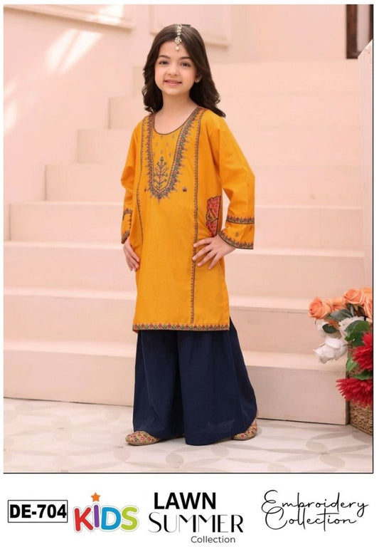 Kids 3PC Embroidered Summer Dress With Net Dupatta - Unstitched - DE-704