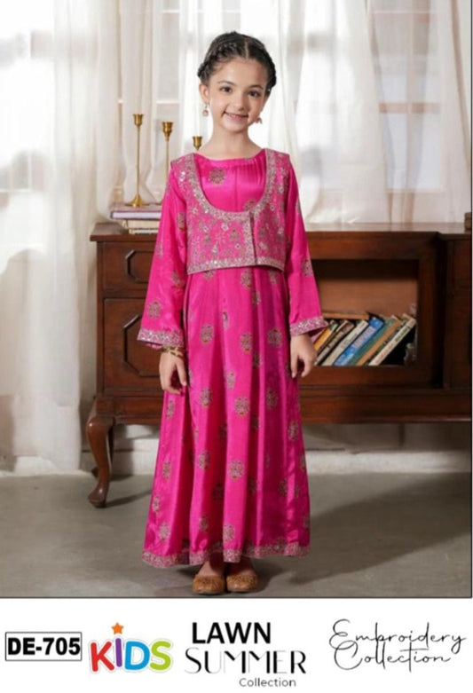 Kids 3PC Embroidered Summer Dress With Net Dupatta - Unstitched - DE-705