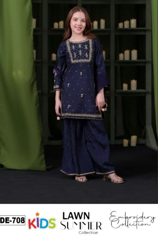 Kids 3PC Embroidered Summer Dress With Net Dupatta - Unstitched - DE-708