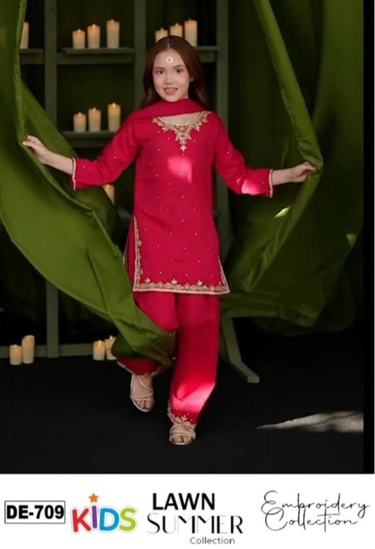 Kids 3PC Embroidered Summer Dress With Net Dupatta - Unstitched - DE-709