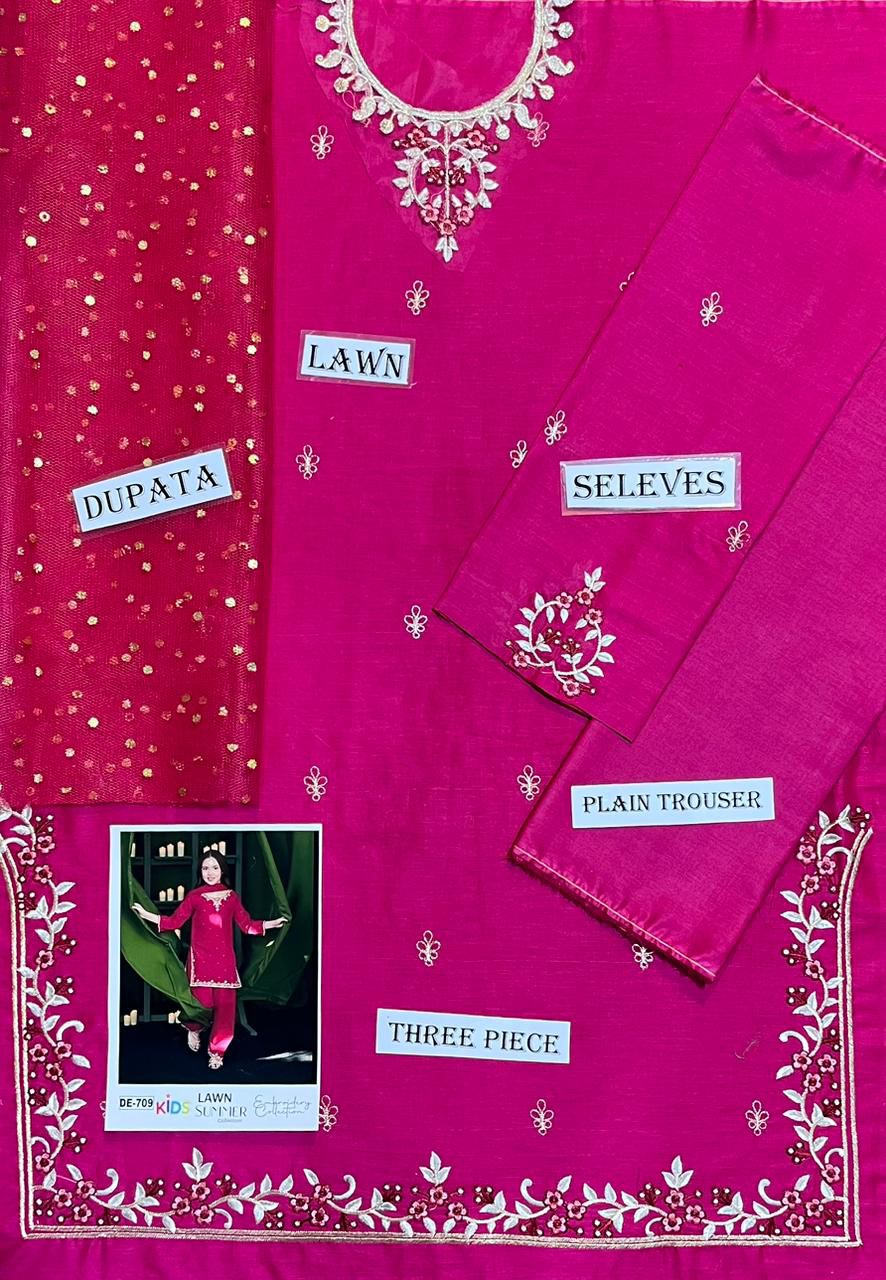 Kids 3PC Embroidered Summer Dress With Net Dupatta - Unstitched - DE-709