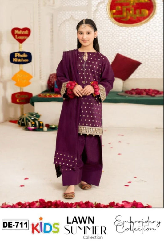 Kids 3PC Embroidered Summer Dress With Net Dupatta - Unstitched - DE-711