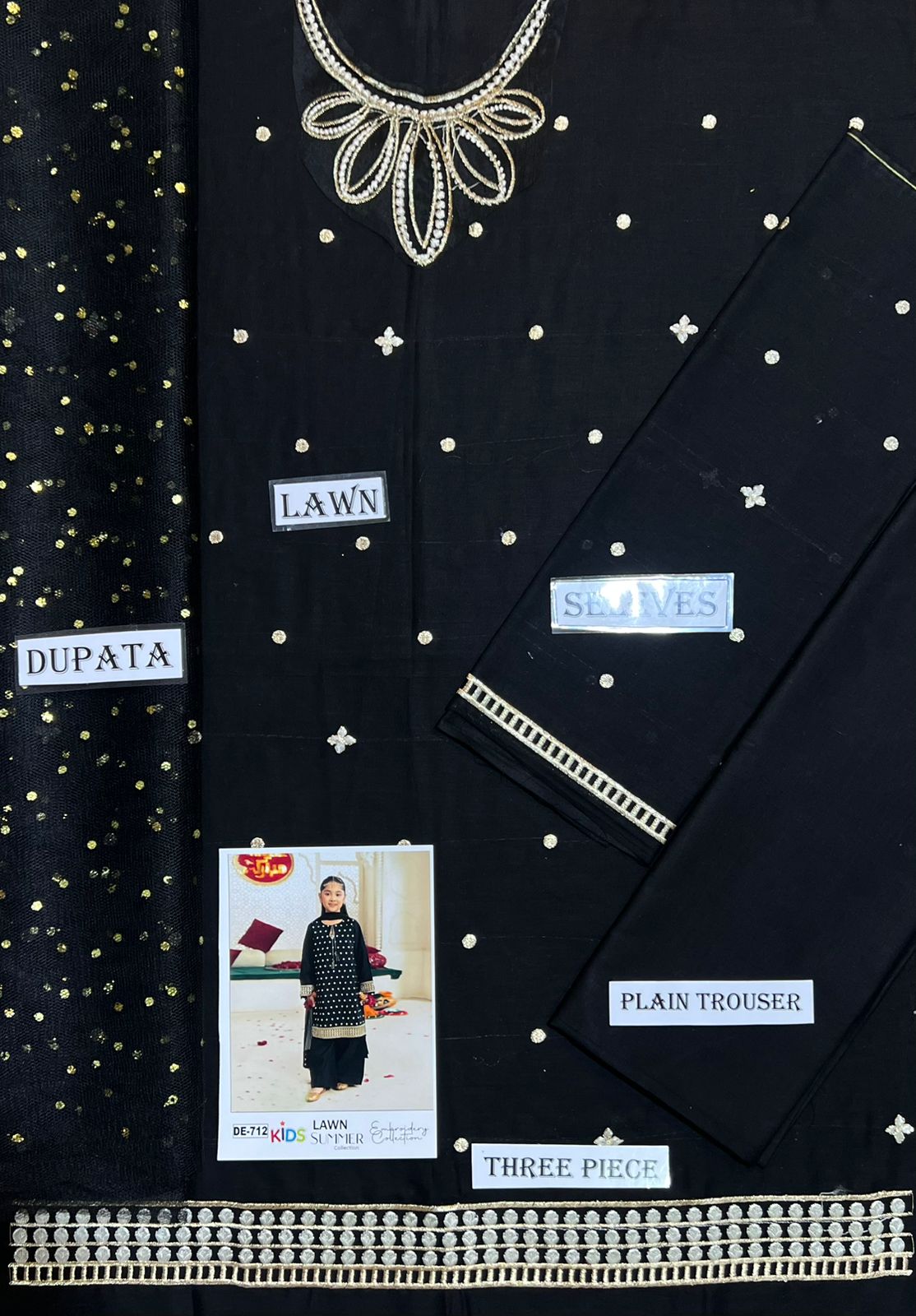 Kids 3PC Embroidered Summer Dress With Net Dupatta - Unstitched - DE-712