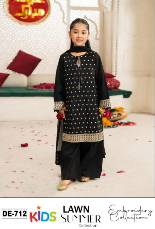 Kids 3PC Embroidered Summer Dress With Net Dupatta - Unstitched - DE-712