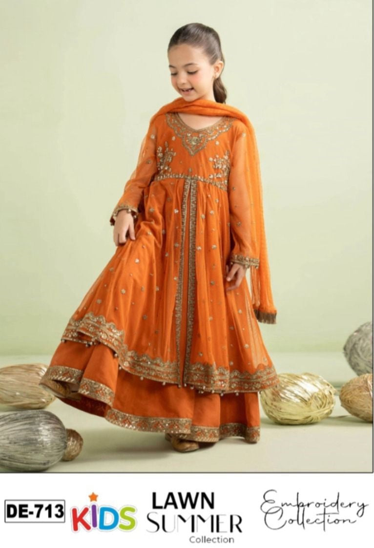 Kids 3PC Embroidered Summer Dress With Net Dupatta - Unstitched - DE-713