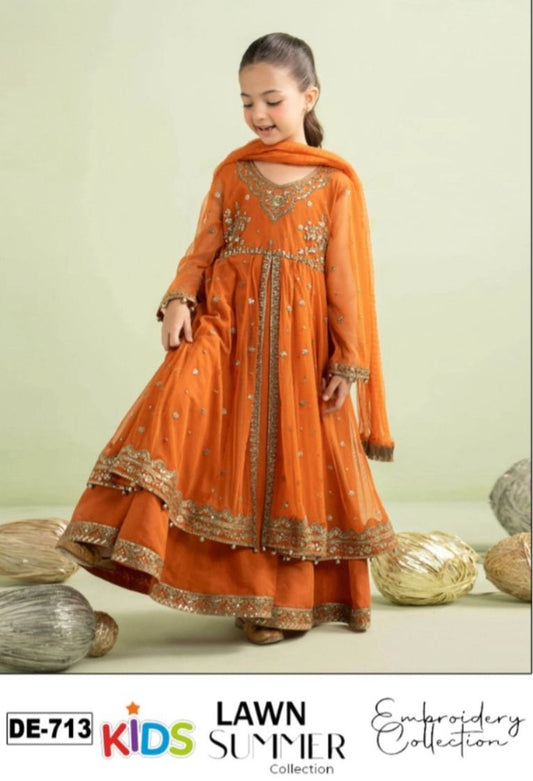 Kids 3PC Embroidered Summer Dress With Net Dupatta - Unstitched - DE-713