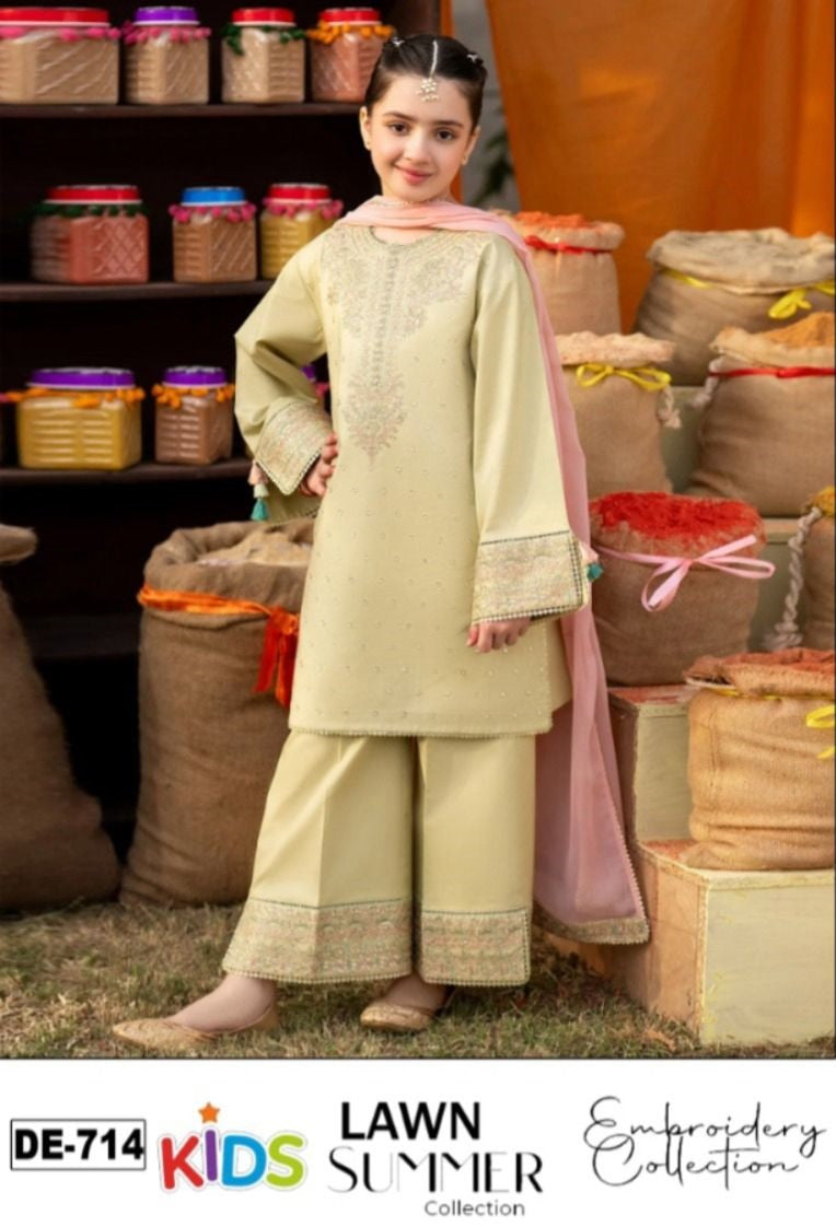 Kids 3PC Embroidered Summer Dress With Net Dupatta - Unstitched - DE-714
