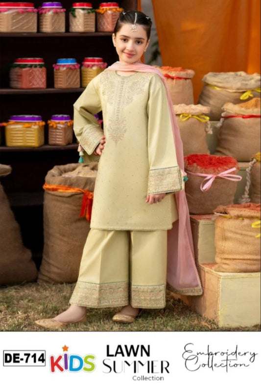 Kids 3PC Embroidered Summer Dress With Net Dupatta - Unstitched - DE-714