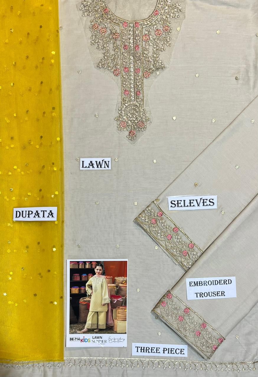 Kids 3PC Embroidered Summer Dress With Net Dupatta - Unstitched - DE-714