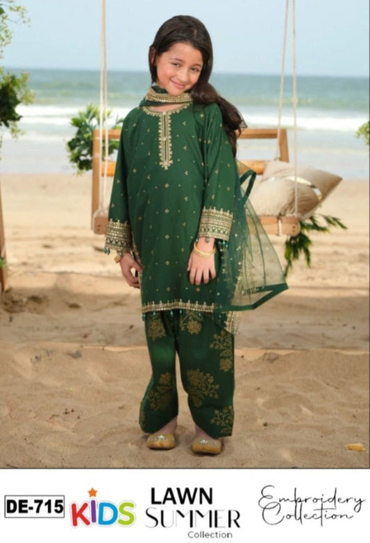 Kids 3PC Embroidered Summer Dress With Net Dupatta - Unstitched - DE-715