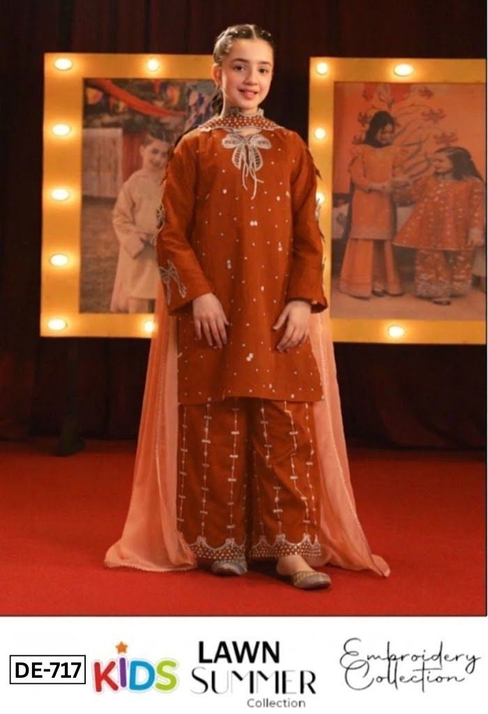 Kids 3PC Embroidered Summer Dress With Net Dupatta - Unstitched - DE-717