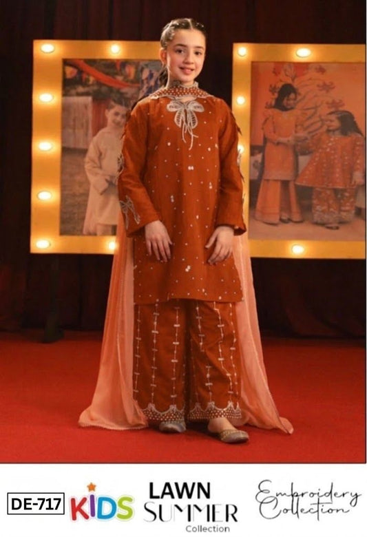 Kids 3PC Embroidered Summer Dress With Net Dupatta - Unstitched - DE-717