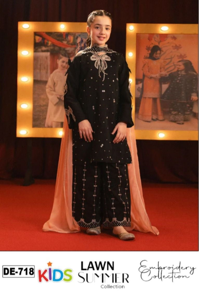 Kids 3PC Embroidered Summer Dress With Net Dupatta - Unstitched - DE-718