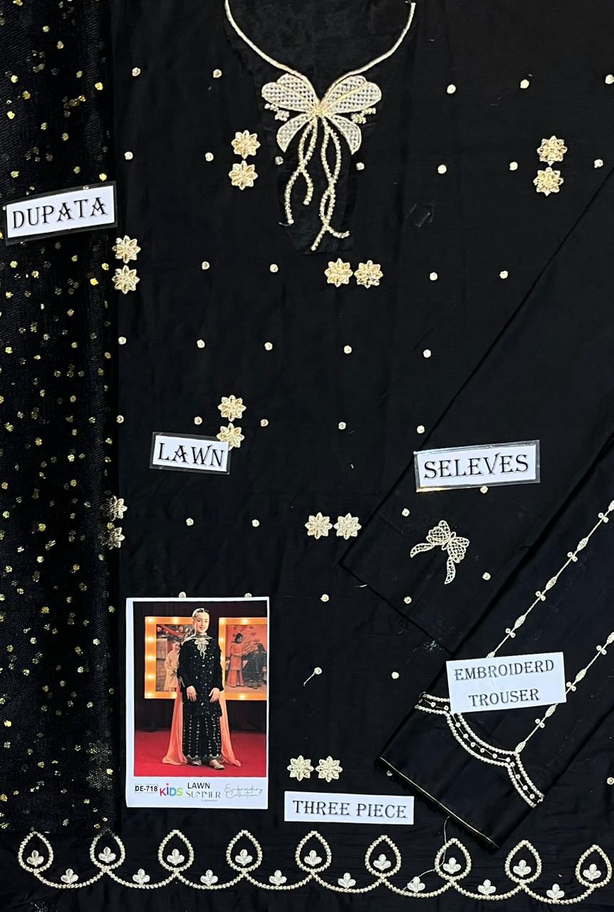 Kids 3PC Embroidered Summer Dress With Net Dupatta - Unstitched - DE-718